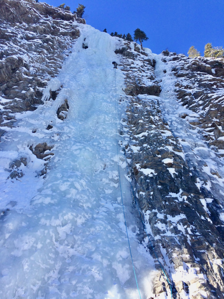 Moonlight & Snowline ice climbs from below.